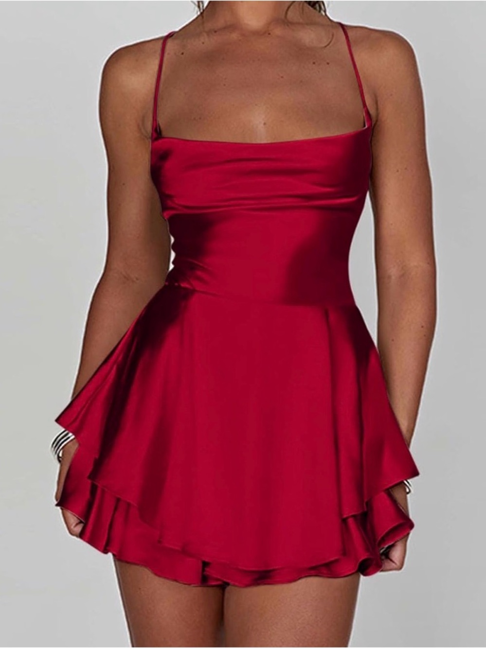 Red Satin Spaghetti-Strap Mini Dress